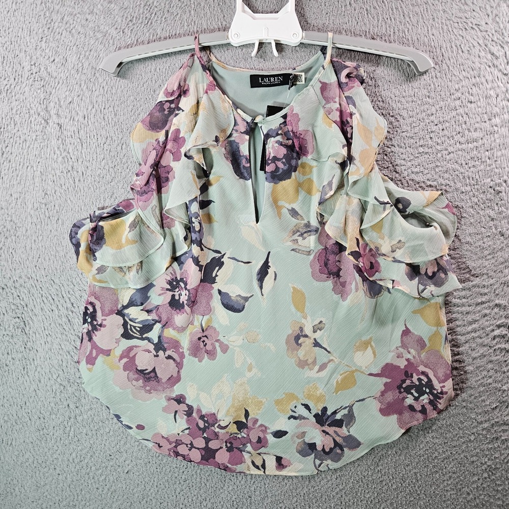 $115 NWT Lauren Ralph Lauren Sleeveless Tank Top Women 10 Ruffle Floral Green